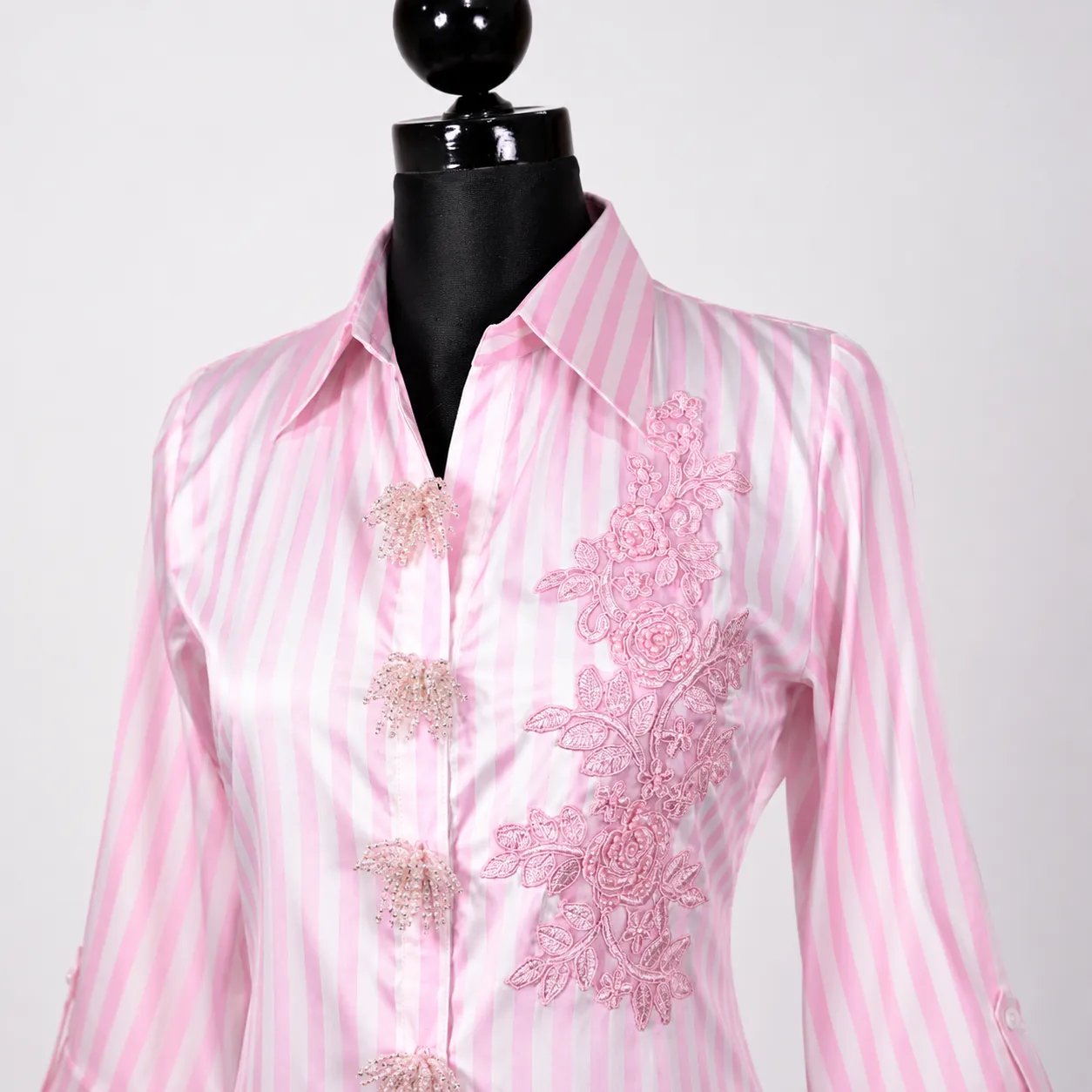 Elegant Pink Striped Shirt with Floral Lace Detailing